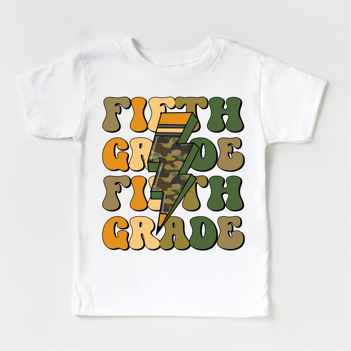 Fifth Grade Camo Lighting Bolt design on a white garment.