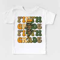 Fifth Grade Camo Lighting Bolt design on a white garment.