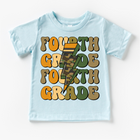 Fourth Grade Camo Lighting Bolt design on a blue garment.
