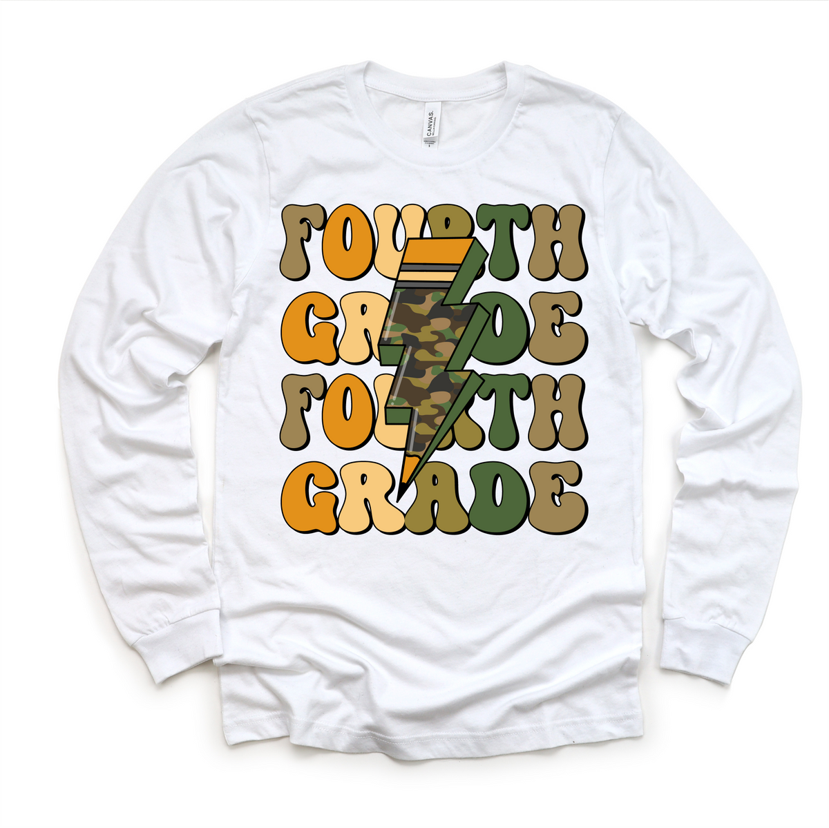 Fourth Grade Camo Lighting Bolt design on a long sleeve shirt.