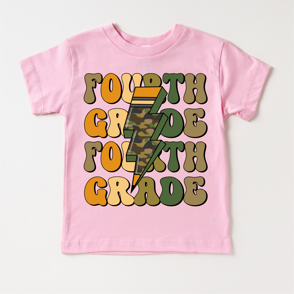 Fourth Grade Camo Lighting Bolt design on a pink garment.