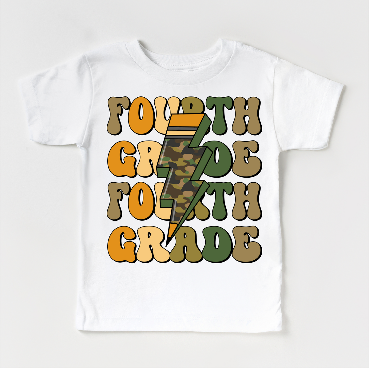 Fourth Grade Camo Lighting Bolt design on a white garment.