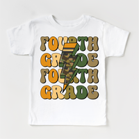 Fourth Grade Camo Lighting Bolt design on a white garment.