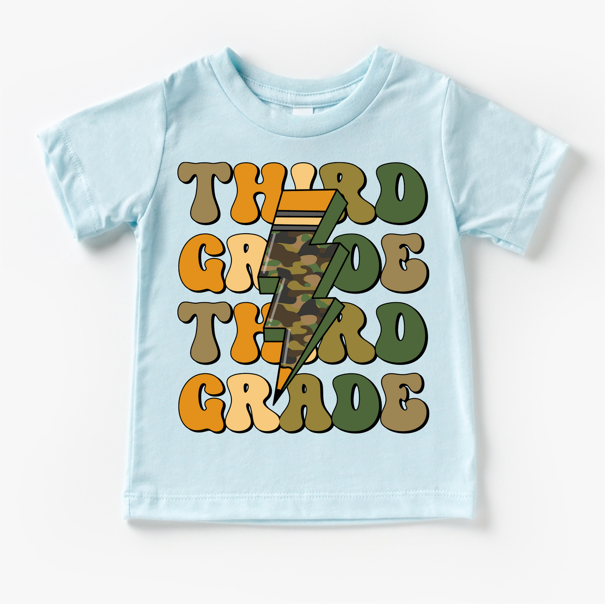 Third Grade Camo Lighting Bolt design on a blue garment.