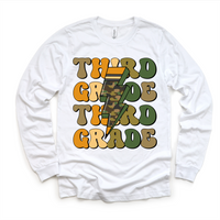 Third Grade Camo Lighting Bolt design on a long sleeve shirt.