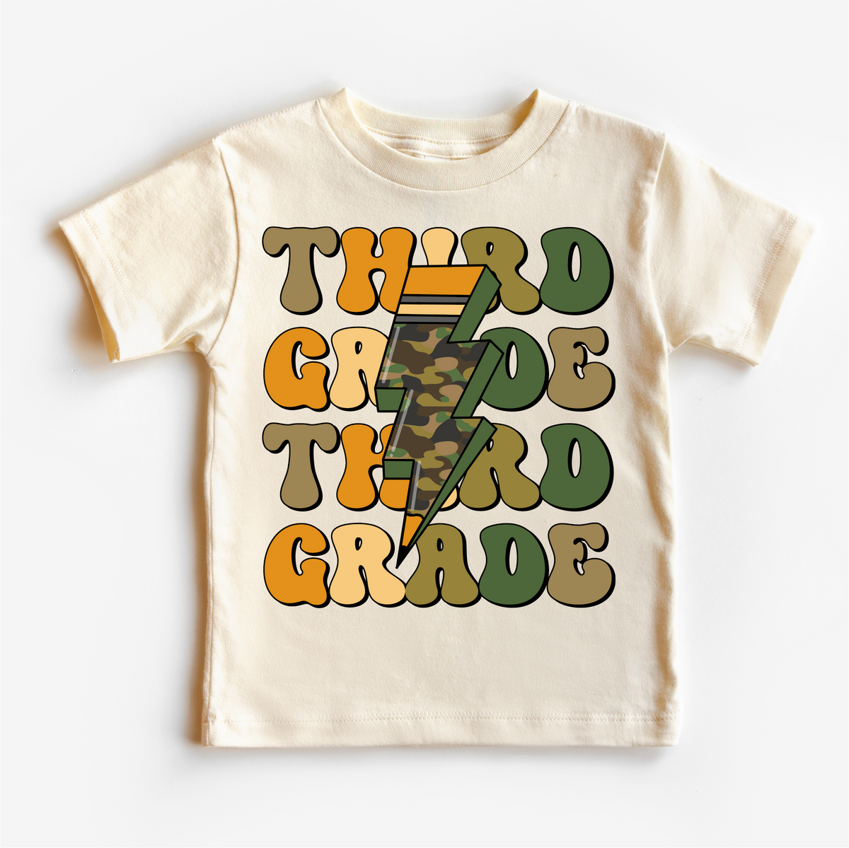 Third Grade Camo Lighting Bolt, Back To School graphic T-shirt by Madi Moosh