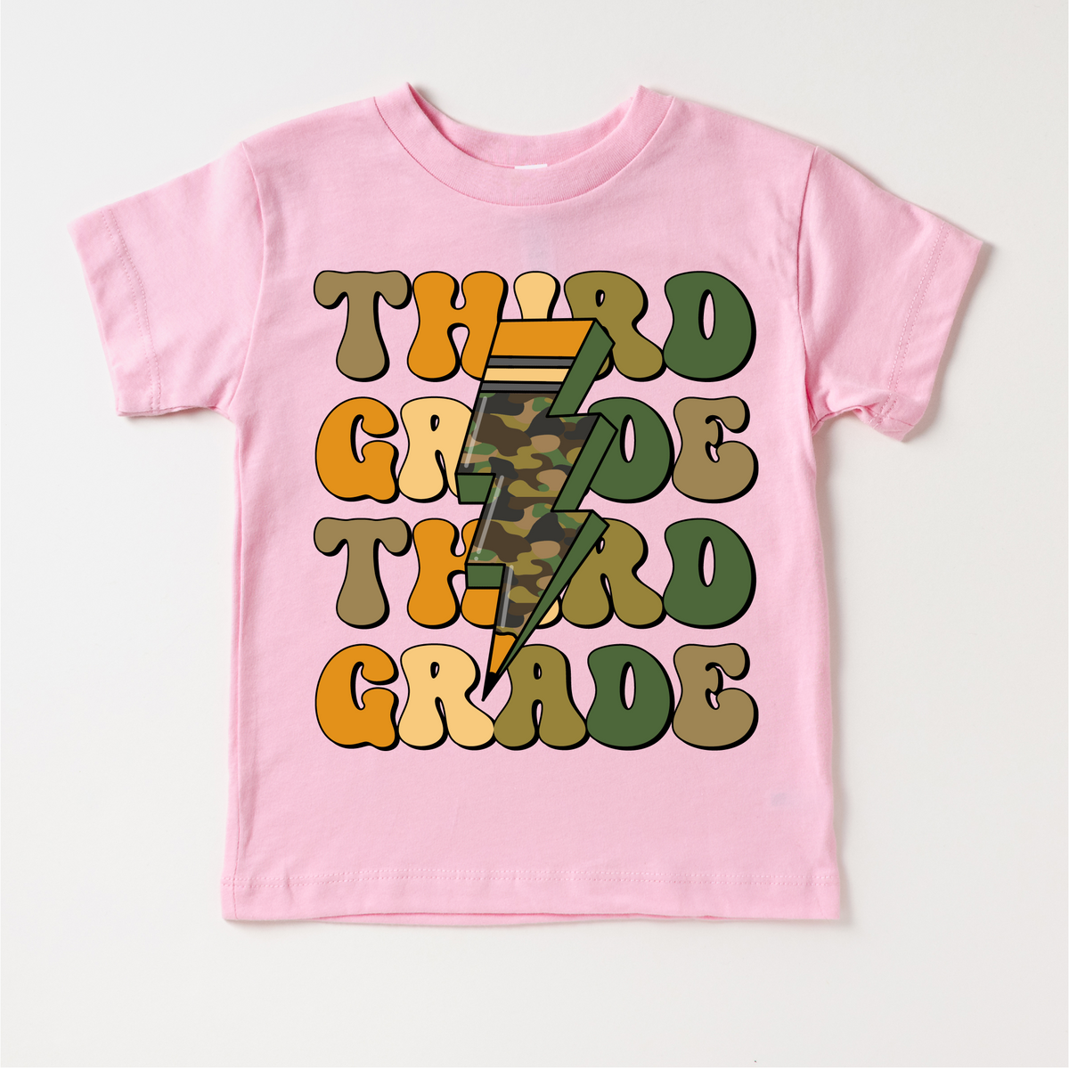 Third Grade Camo Lighting Bolt design on a pink garment.