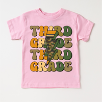 Third Grade Camo Lighting Bolt design on a pink garment.