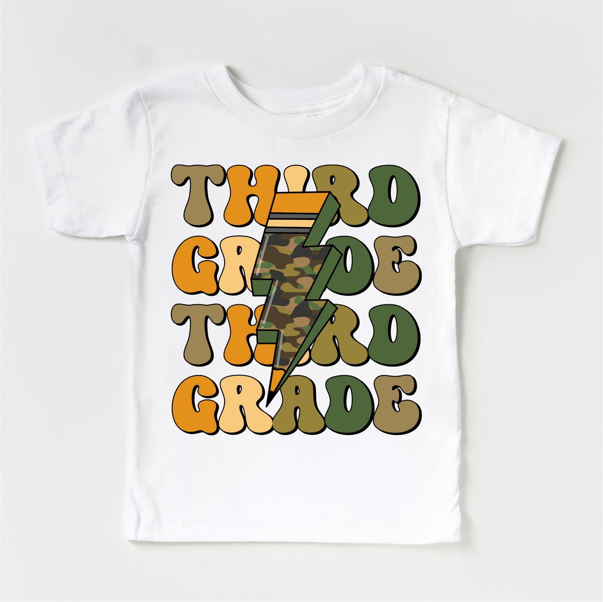 Third Grade Camo Lighting Bolt design on a white garment.