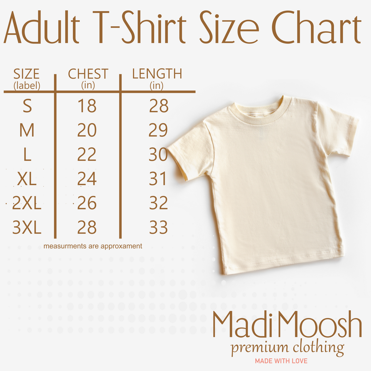 Madi Moosh adult T-shirt size chart