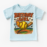 Girls Softball Birthday design on a blue garment.