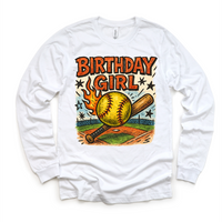 Girls Softball Birthday design on a long sleeve shirt.
