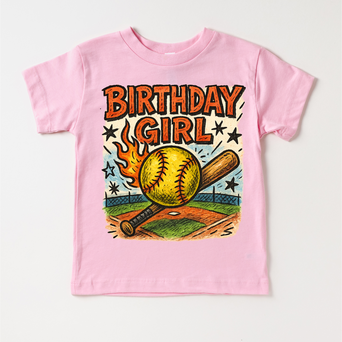 Girls Softball Birthday design on a pink garment.