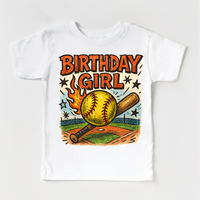 Girls Softball Birthday design on a white garment.