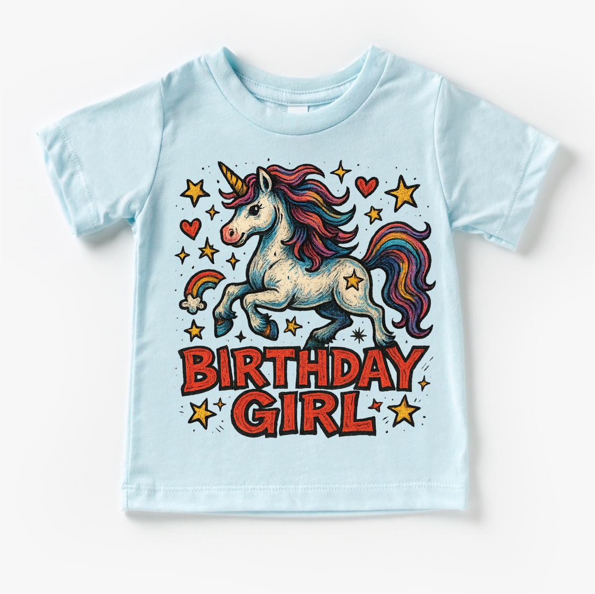 Girls Unicorn Birthday design on a blue garment.