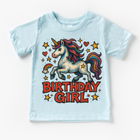 Girls Unicorn Birthday design on a blue garment.