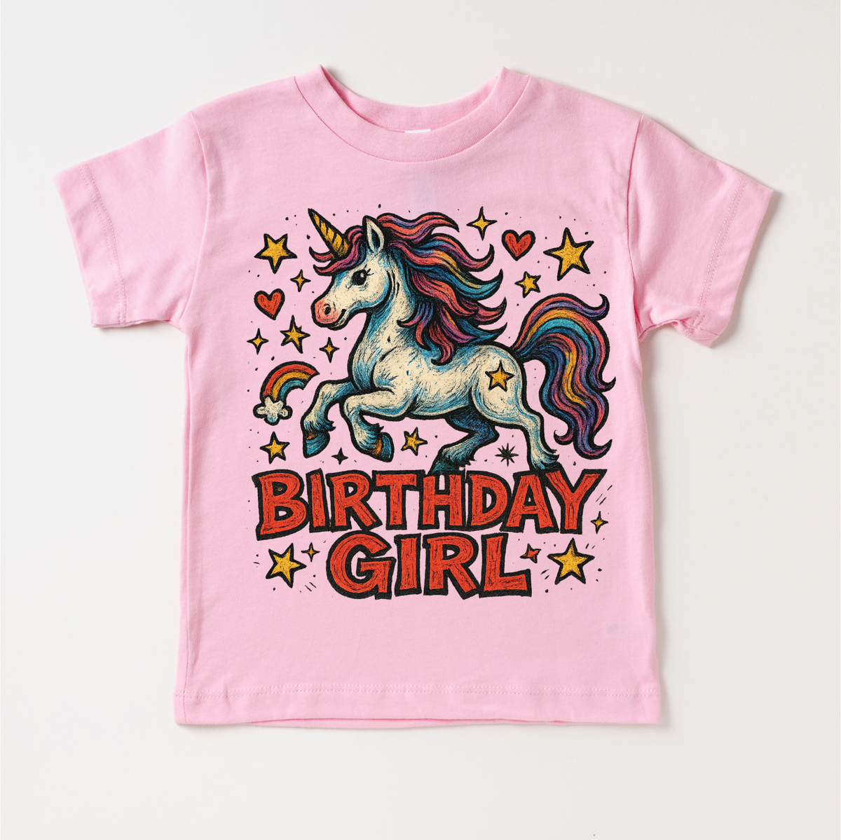Girls Unicorn Birthday design on a pink garment.