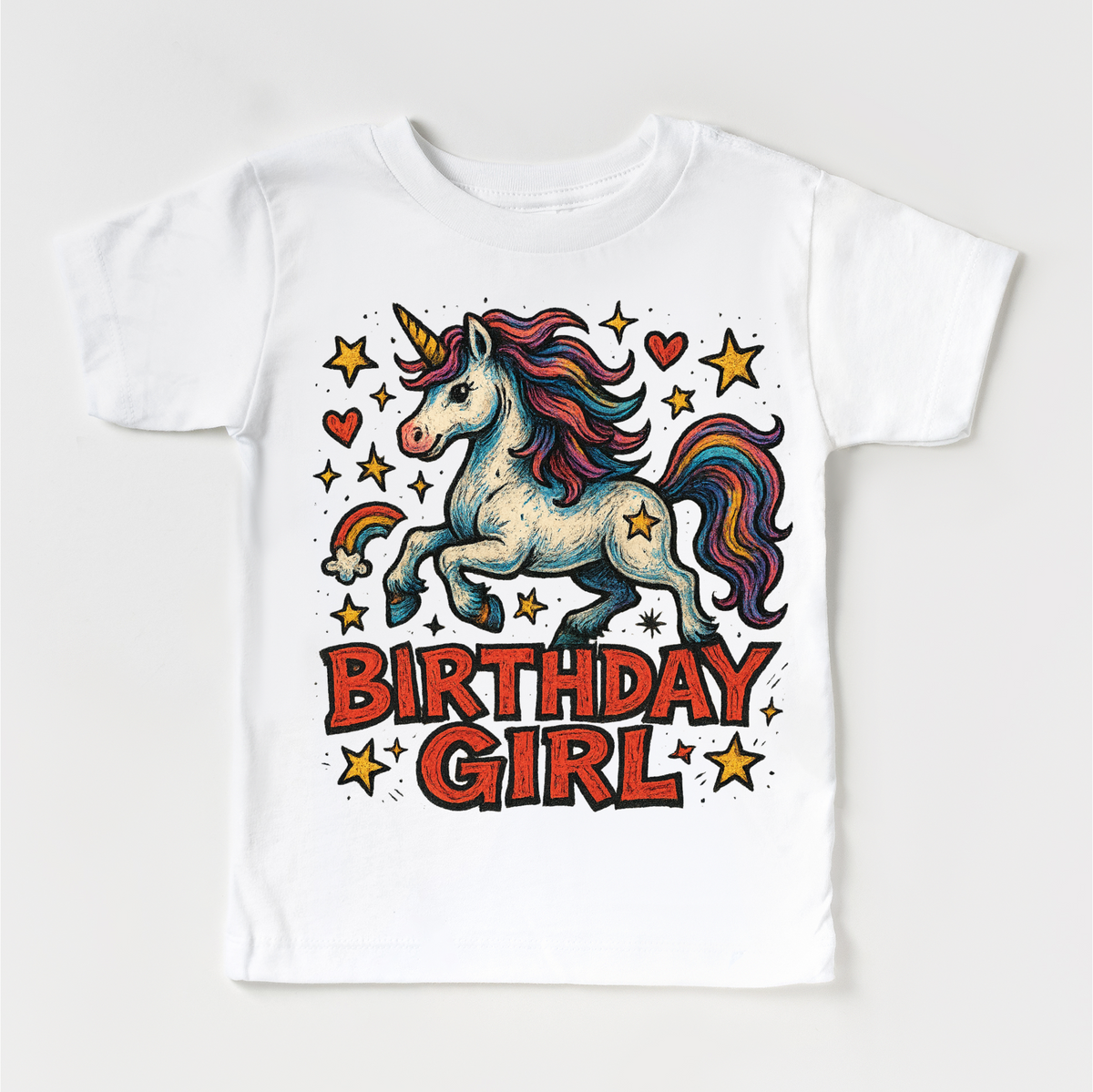 Girls Unicorn Birthday design on a white garment.