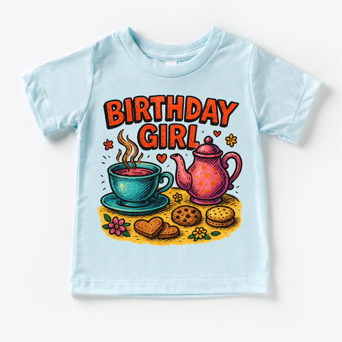 Girls Tea Party Birthday design on a blue garment.