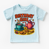 Girls Tea Party Birthday design on a blue garment.