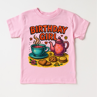 Girls Tea Party Birthday design on a pink garment.