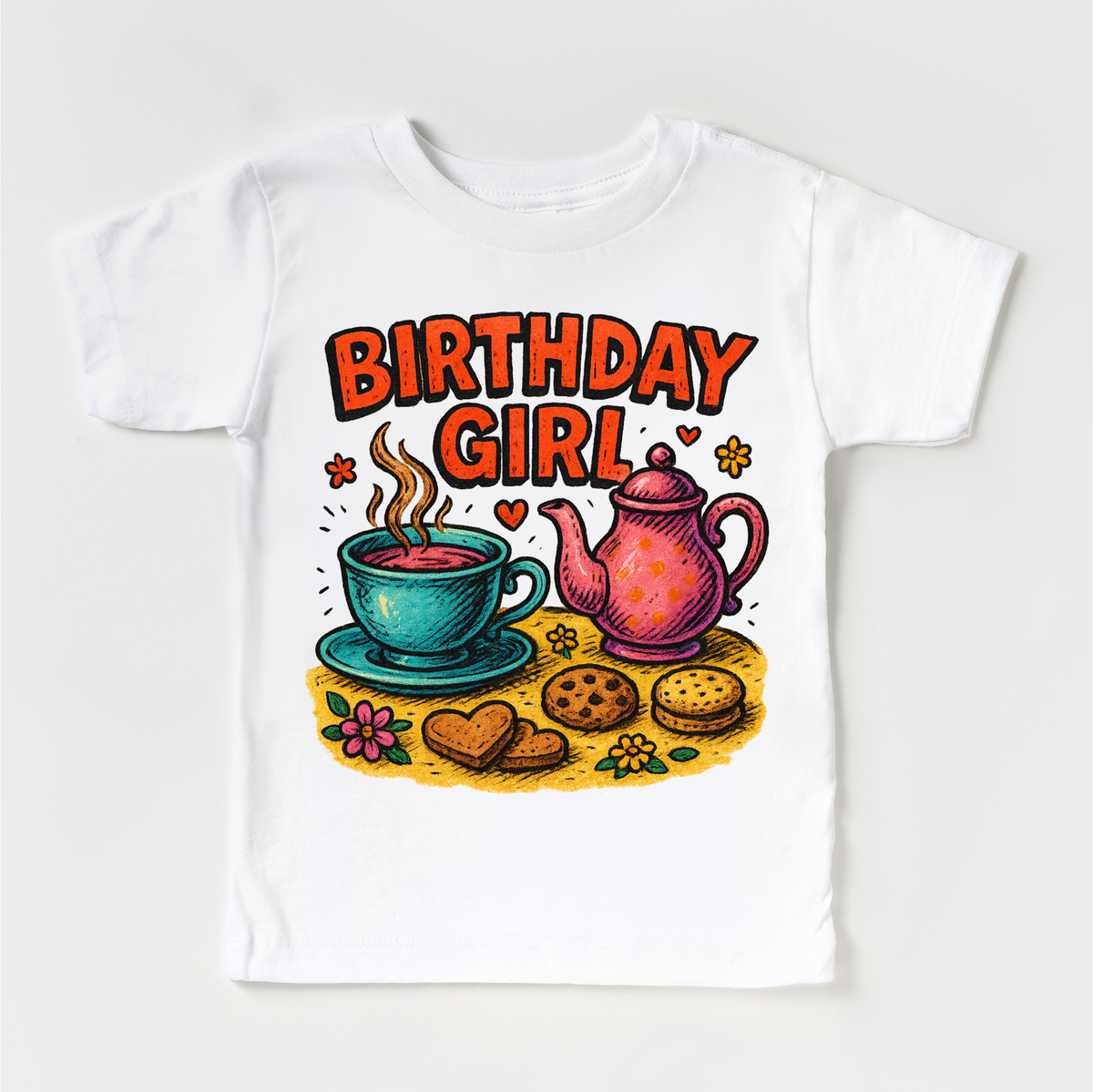 Girls Tea Party Birthday design on a white garment.