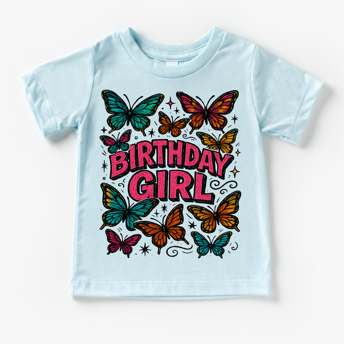 Girls Butterfly Birthday design on a blue garment.