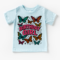 Girls Butterfly Birthday design on a blue garment.