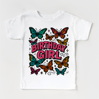 Girls Butterfly Birthday design on a white garment.
