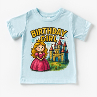 Girls Princess Birthday design on a blue garment.
