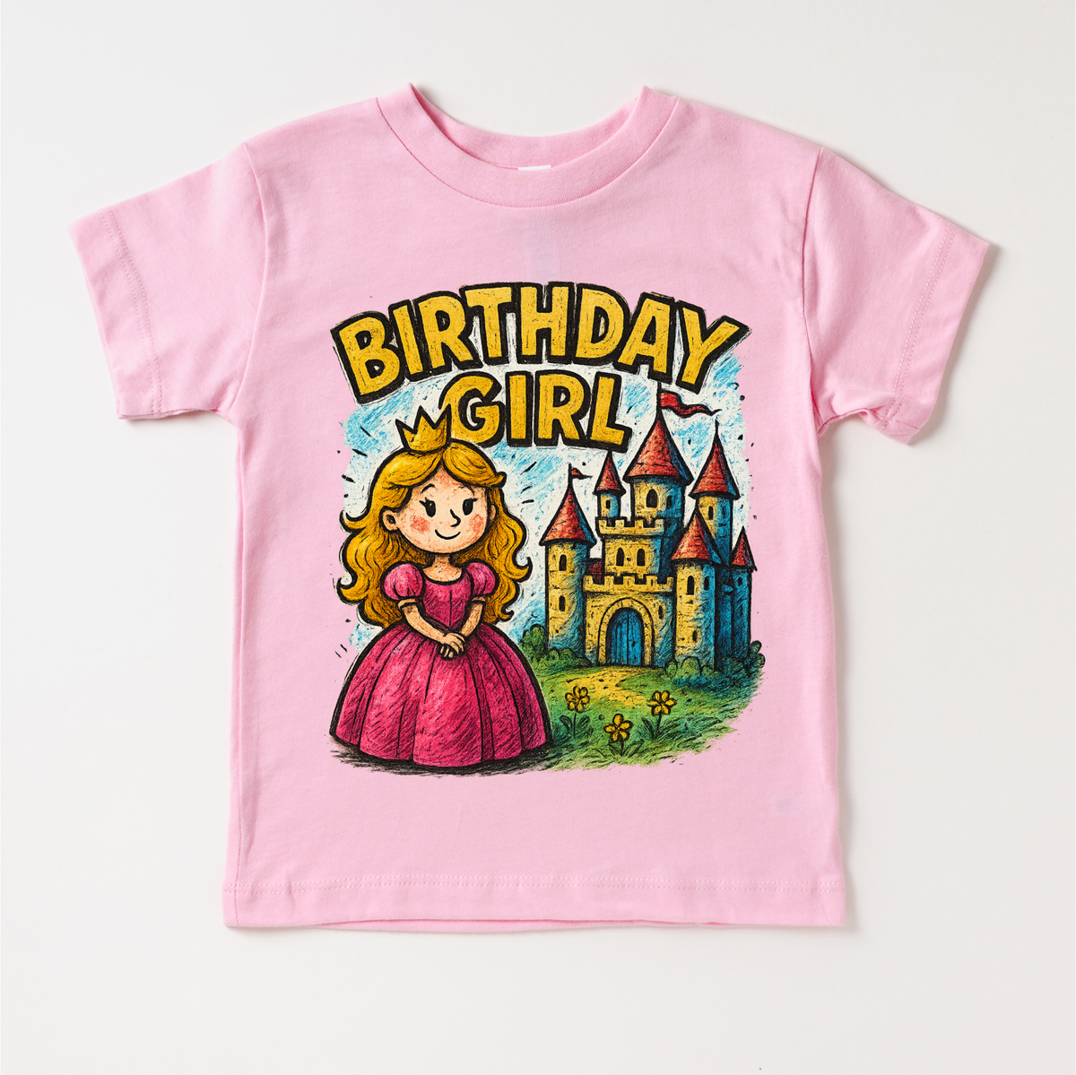 Girls Princess Birthday design on a pink garment.