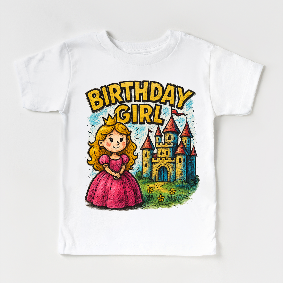 Girls Princess Birthday design on a white garment.