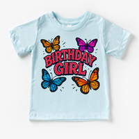 Girls Butterfly Birthday design on a blue garment.