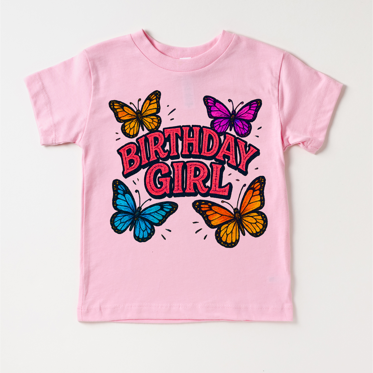 Girls Butterfly Birthday design on a pink garment.