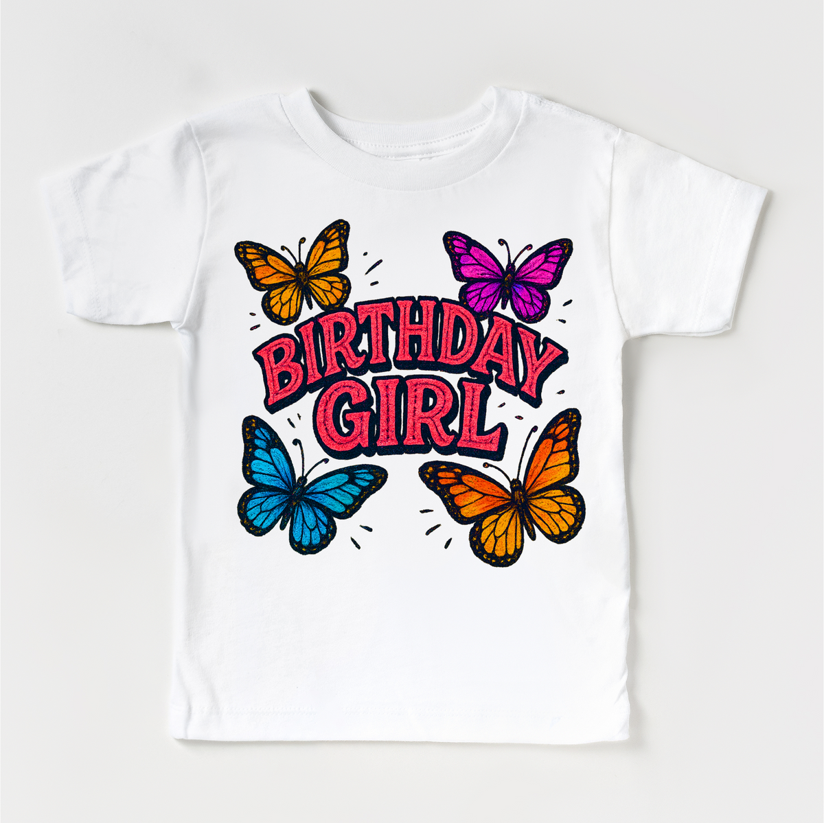 Girls Butterfly Birthday design on a white garment.