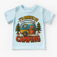 I'd Rater Be Camping Camper design on a blue garment.
