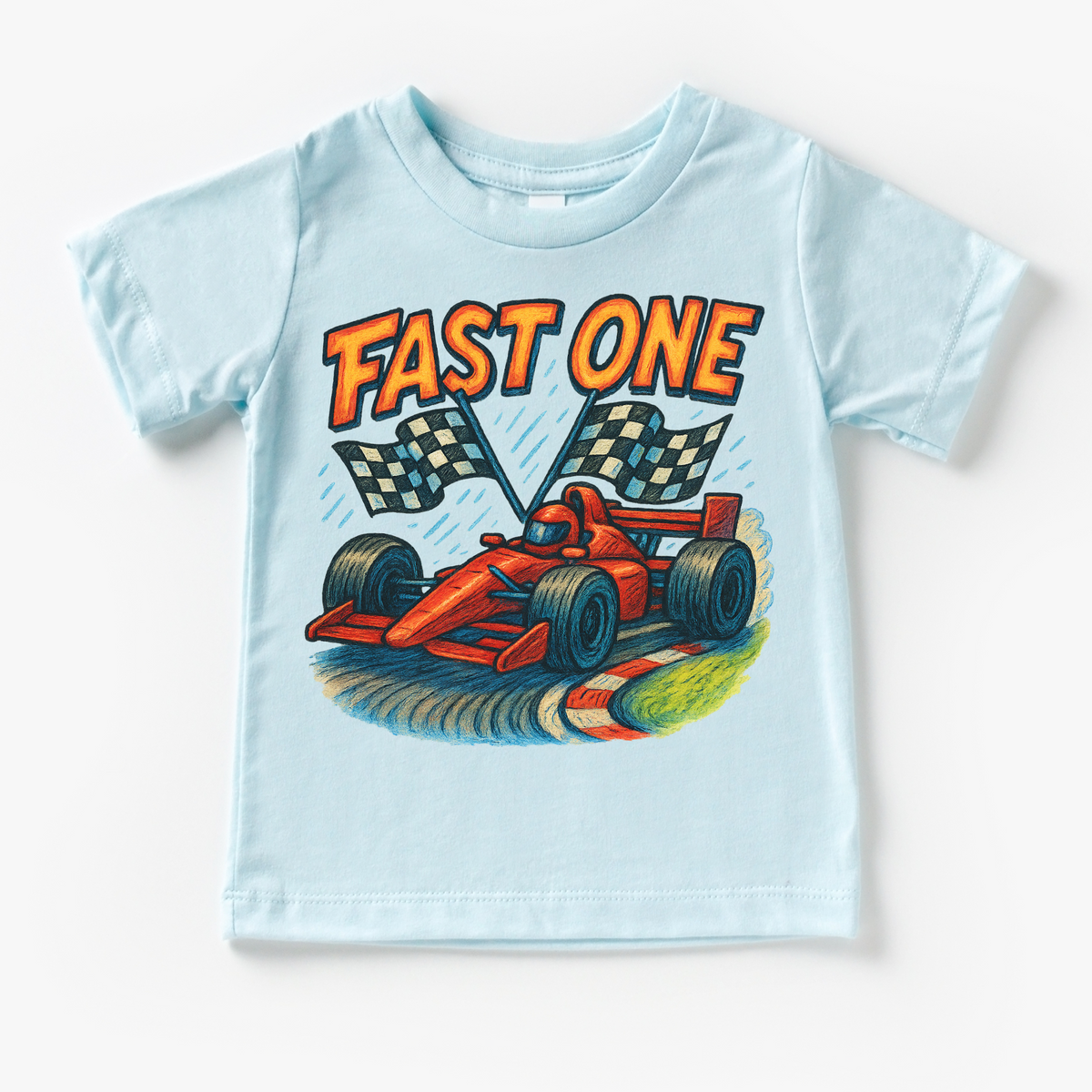 Fast One Racecar 1st Birthday design on a blue garment.
