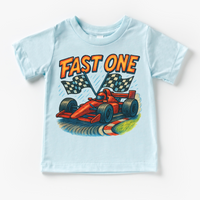 Fast One Racecar 1st Birthday design on a blue garment.