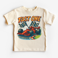Fast One Racecar 1st Birthday design on a natural garment.