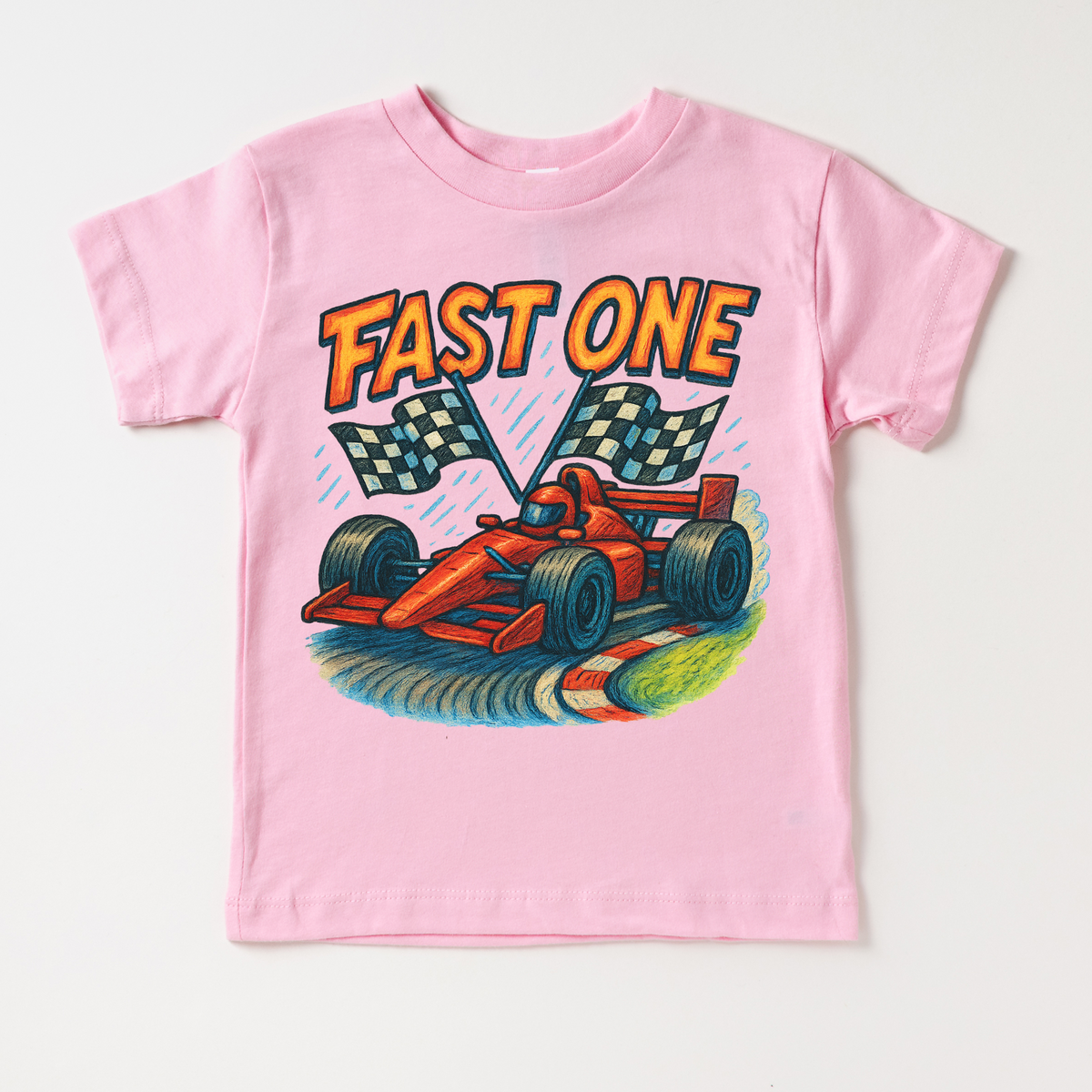 Fast One Racecar 1st Birthday design on a pink garment.