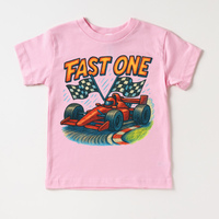 Fast One Racecar 1st Birthday design on a pink garment.