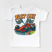 Fast One Racecar 1st Birthday design on a white garment.
