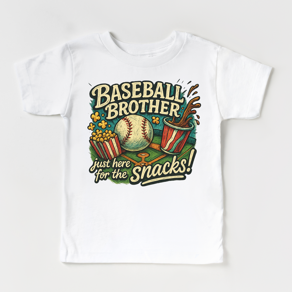 Baseball Brother I'm Here For The Snacks design on a white garment.