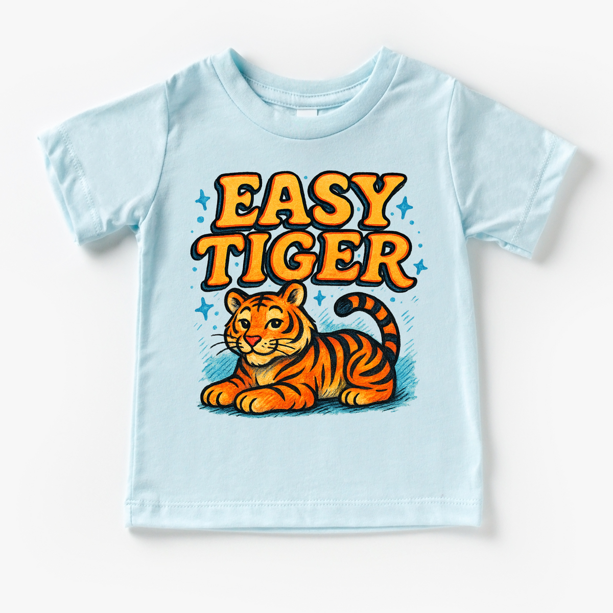 Easy Tiger Funny design on a blue garment.