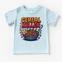 Funny Cereal Killer Breakfast design on a blue garment.