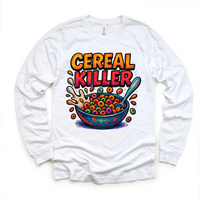 Funny Cereal Killer Breakfast design on a long sleeve shirt.