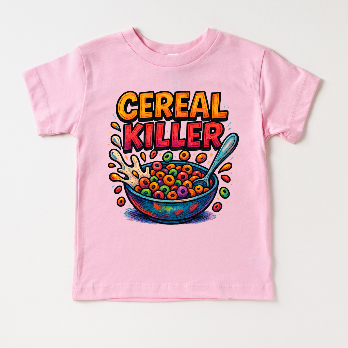 Funny Cereal Killer Breakfast design on a pink garment.