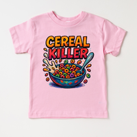 Funny Cereal Killer Breakfast design on a pink garment.