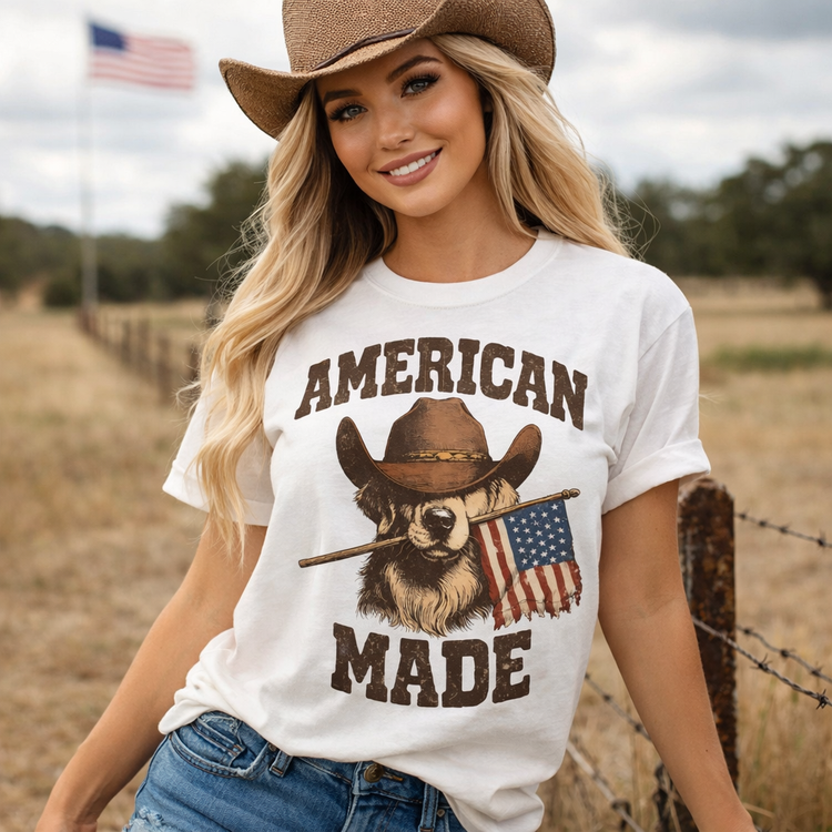American Made Cowboy Dog Graphic Tee – Patriotic Western Shirt – USA Dog Graphic Tee – Vintage Americana Tee