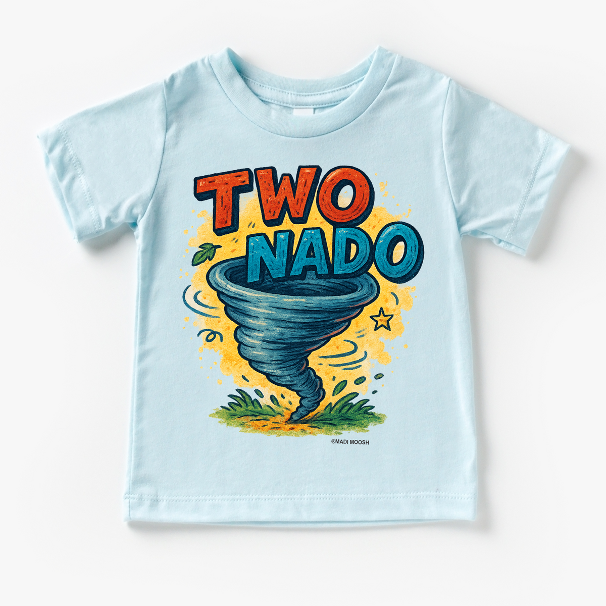 Two Nado Tornado Birthday design on a blue garment.